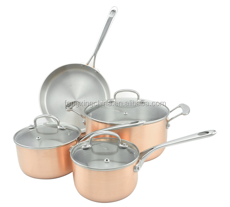 7pcs Tri-ply Copper Professional Stainless Steel Pot Cookware Set Pan Casserole