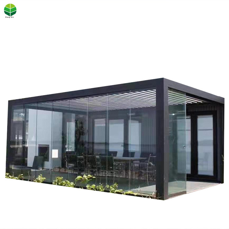 Waterproof Aluminum Pergola Outdoor Louvered Roof Pergola Kits Electric Opening Garden Pegola with LED Light