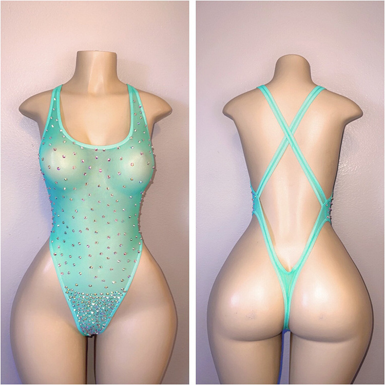 Factory OEM Nylon Mesh One Piece Lingerie Ladies Sexy Rhinestone Exotic Dancewear Women Night Club Clothes Stripper Outfit