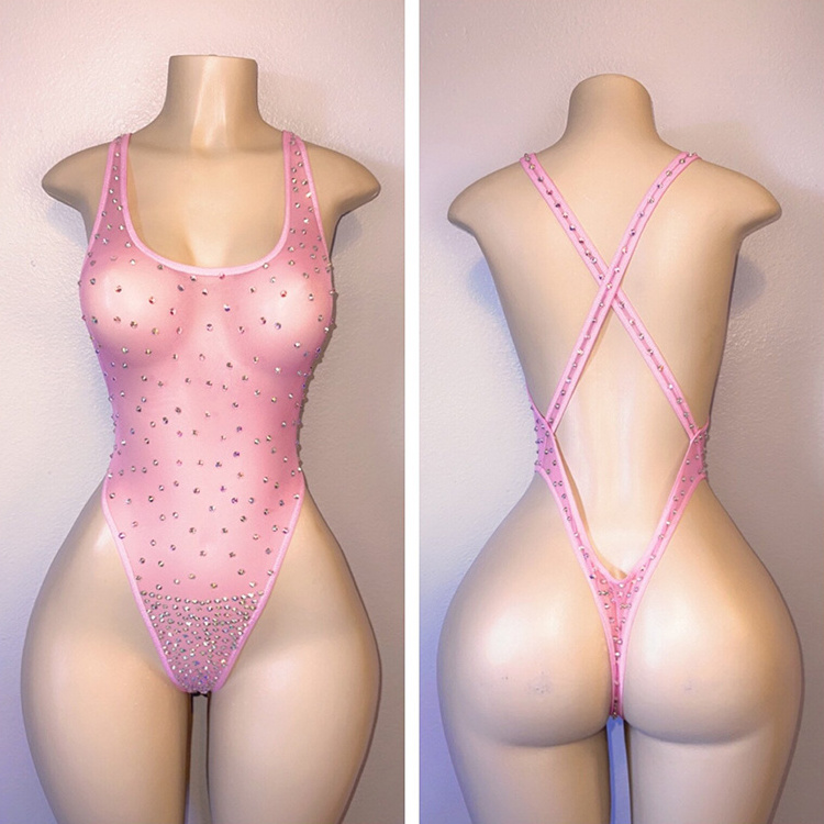 Factory OEM Nylon Mesh One Piece Lingerie Ladies Sexy Rhinestone Exotic Dancewear Women Night Club Clothes Stripper Outfit