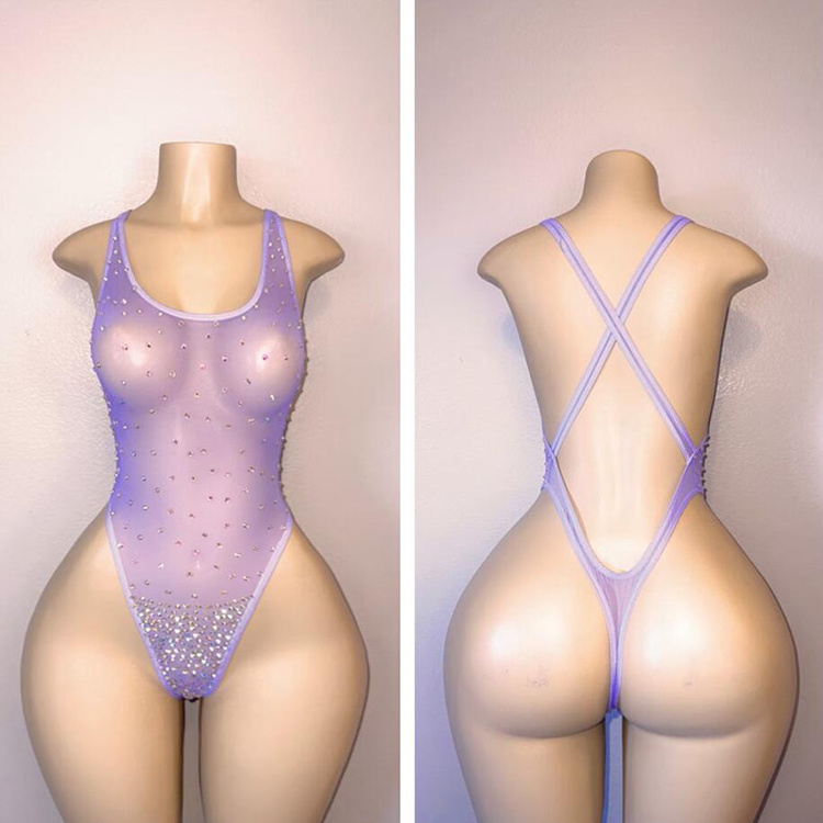 Factory OEM Nylon Mesh One Piece Lingerie Ladies Sexy Rhinestone Exotic Dancewear Women Night Club Clothes Stripper Outfit