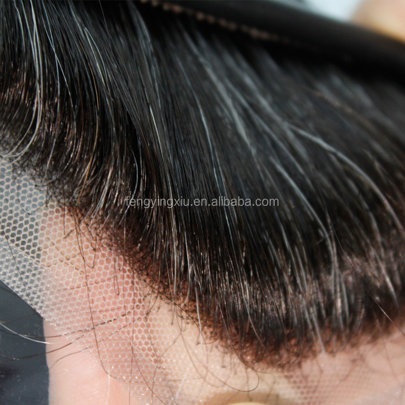 Wholesale Indian Hair Men's Toupee Lace on Top and Front Natural Wave Black Mix White Hair Men Toupees for black men