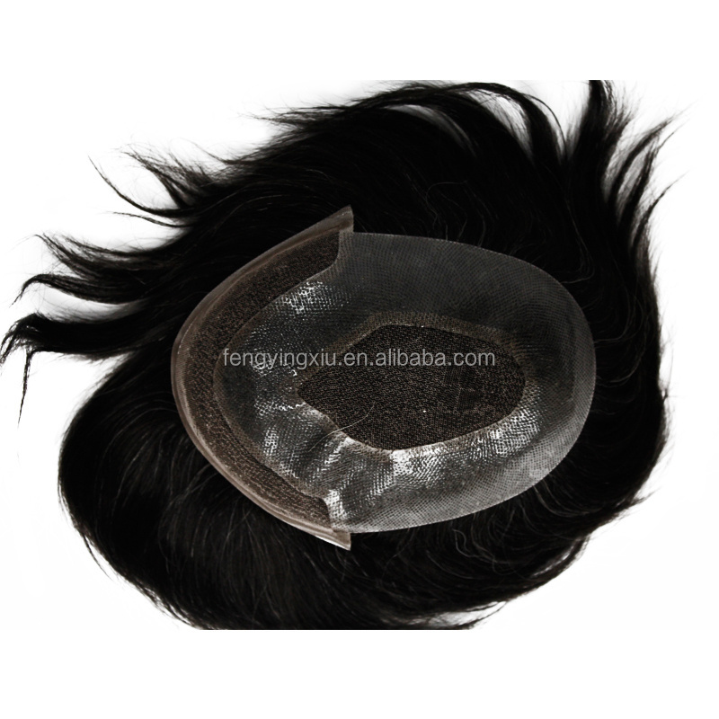 Wholesale Indian Hair Men's Toupee Lace on Top and Front Natural Wave Black Mix White Hair Men Toupees for black men