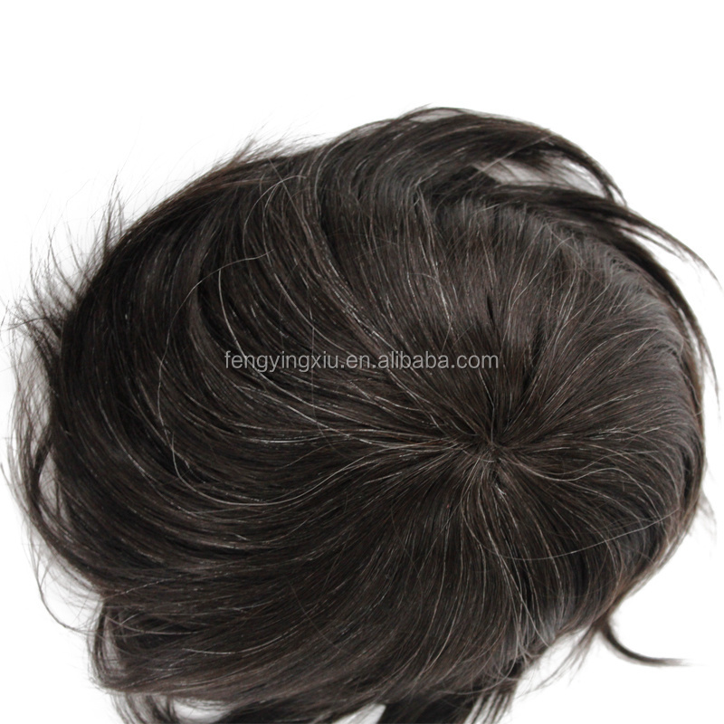 Wholesale Indian Hair Men's Toupee Lace on Top and Front Natural Wave Black Mix White Hair Men Toupees for black men