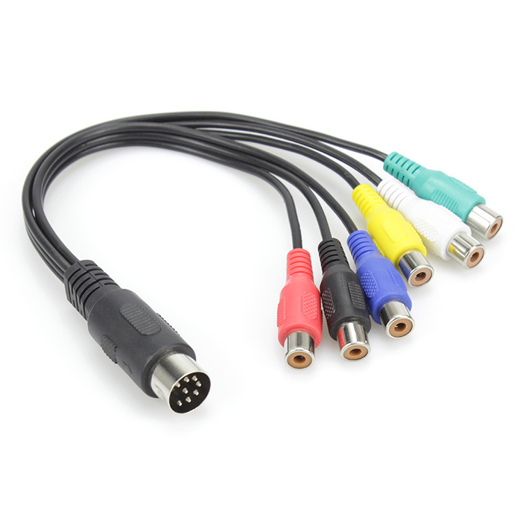 Customize colorful  6.35mm  length 8 pin din male to 6 RCA female plug audio cable data cable