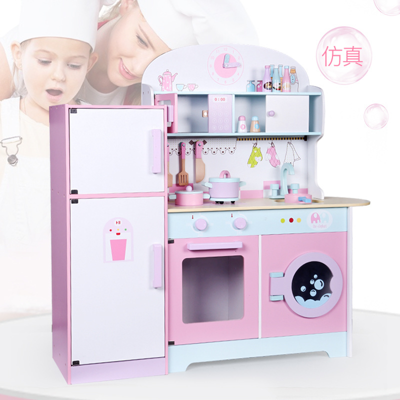 Hot sale pink wooden large kitchen refrigerator toy for the girls pretend playing educational kitchen toys for kids