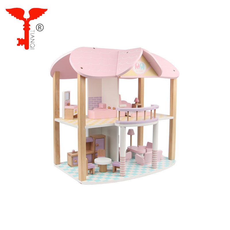 Open two floors children role play game toy family wooden play doll house