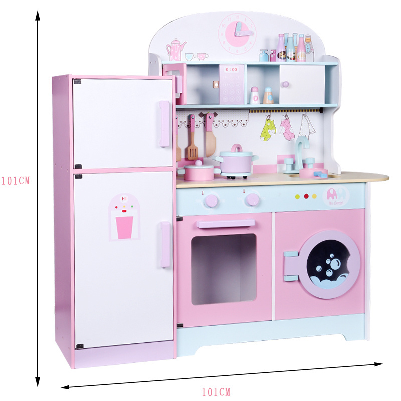 Hot sale pink wooden large kitchen refrigerator toy for the girls pretend playing educational kitchen toys for kids