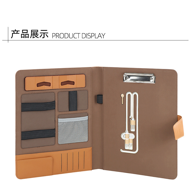 Custom Business Office Conference Document Organizer R64 Leather 8000 mah power bank Slot card Phone holder storage Portfolio