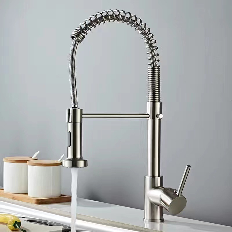 304 Stainless Steel Single Lever Black Color Spring Kitchen Faucet with Pull Out Sprayer