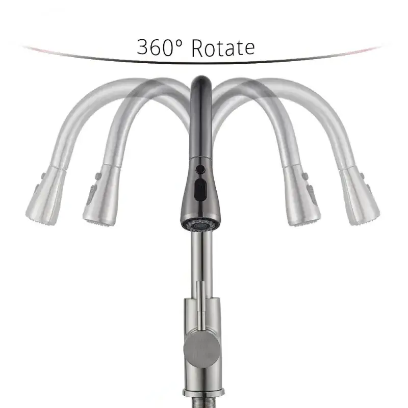 Black 360 Degree Rotatable 304 Stainless Steel Sink Tap Smart Touchless Automatic Sensor Kitchen Faucet with Pull Down Sprayer