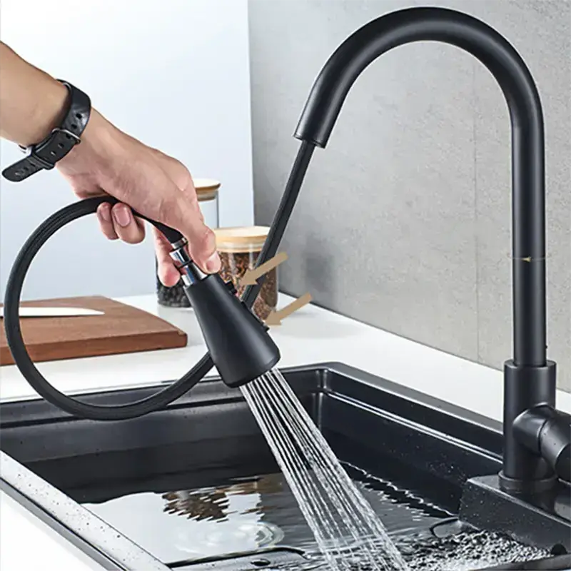 Black 360 Degree Rotatable 304 Stainless Steel Sink Tap Smart Touchless Automatic Sensor Kitchen Faucet with Pull Down Sprayer