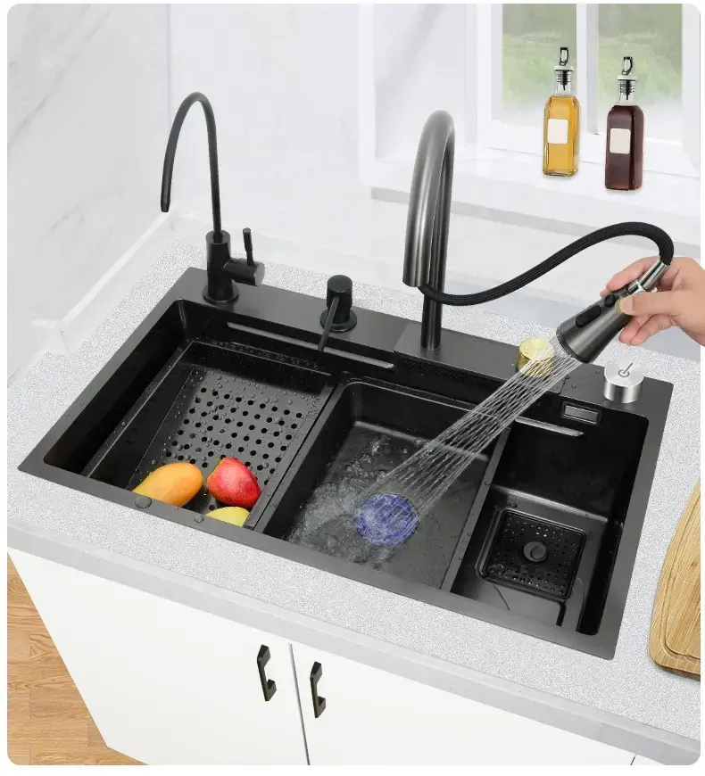 single basin kitchen sus304 black handmade stainless steel multifunction smart kitchen sink