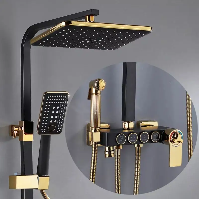 square Bathroom Shower System fixtures Bathtub Mixer Faucet Top Accessories  Black Thermostatic shower set