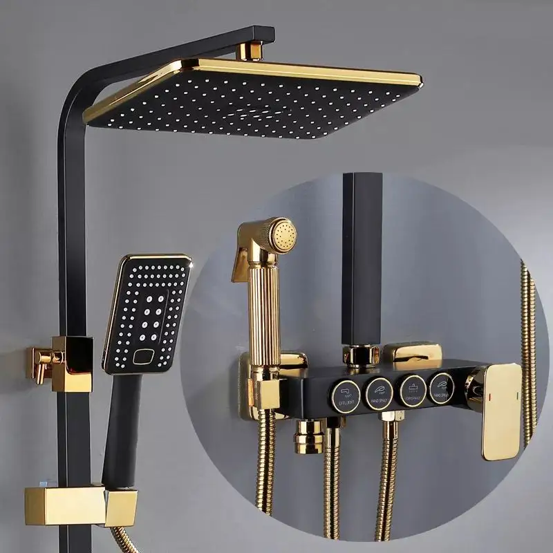 square Bathroom Shower System fixtures Bathtub Mixer Faucet Top Accessories  Black Thermostatic shower set