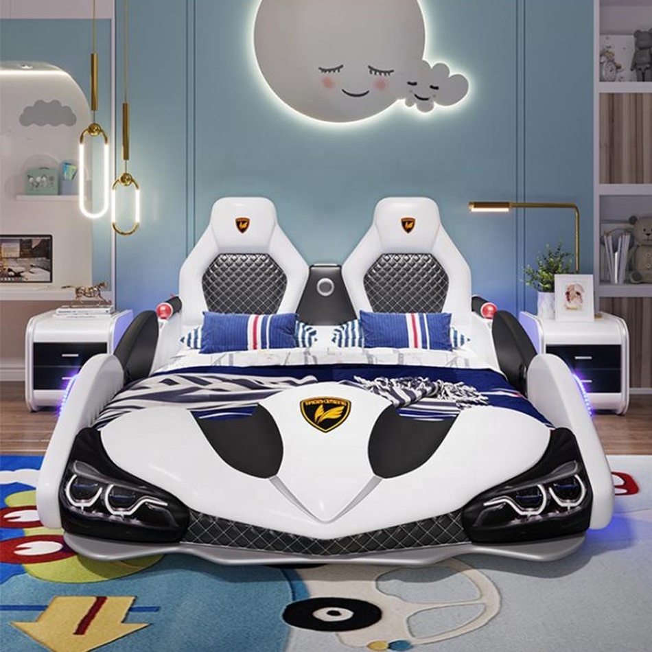 Factory wholesale double creative kids car boy cartoon leather single with guardrail girl Children racing car bed