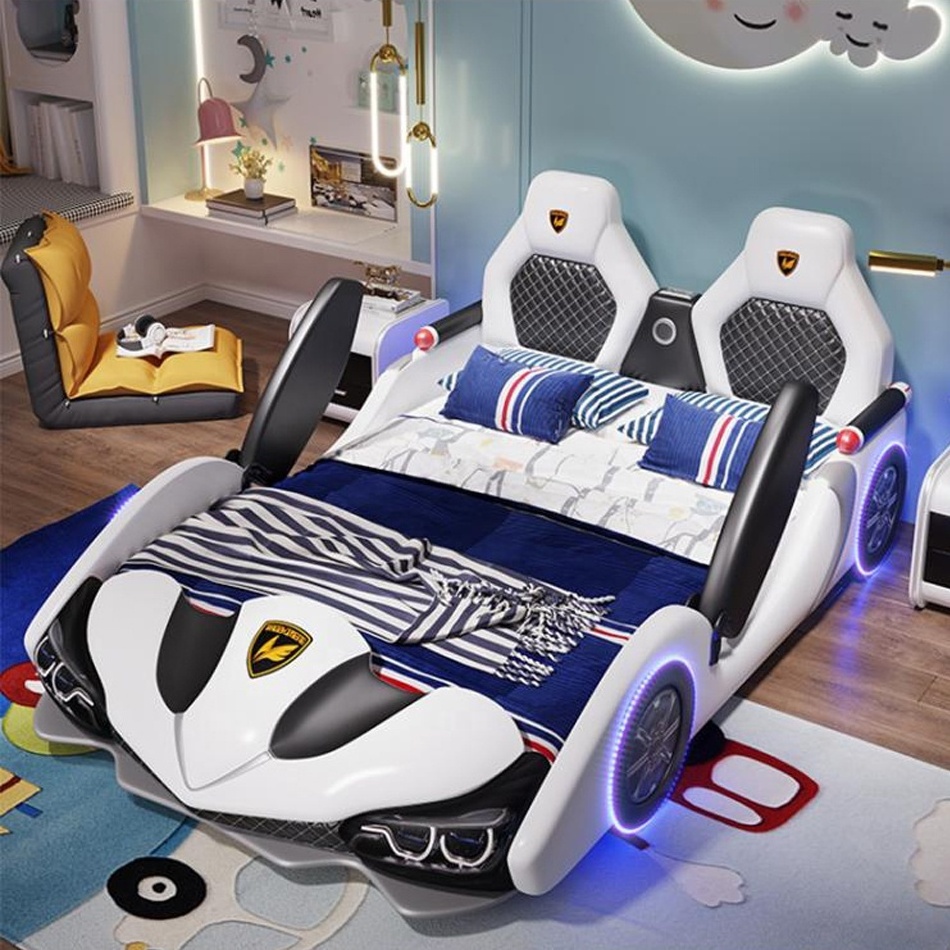 Factory wholesale double creative kids car boy cartoon leather single with guardrail girl Children racing car bed