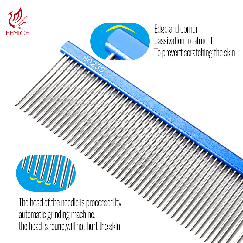 Fenice Dog Comb Long Thick Hair Fur Removal Brush Pet Hair Flea Comb Stainless Pin Dog Cat Grooming For Shaggy Dogs Barber