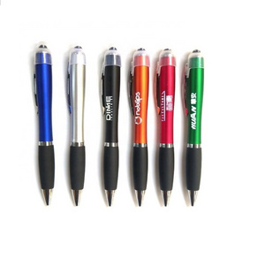 Led logo pen custom laser engraving light logo brand plastic ball pen with stylus top