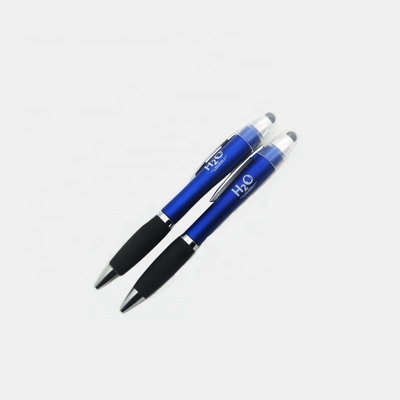 Led logo pen custom laser engraving light logo brand plastic ball pen with stylus top