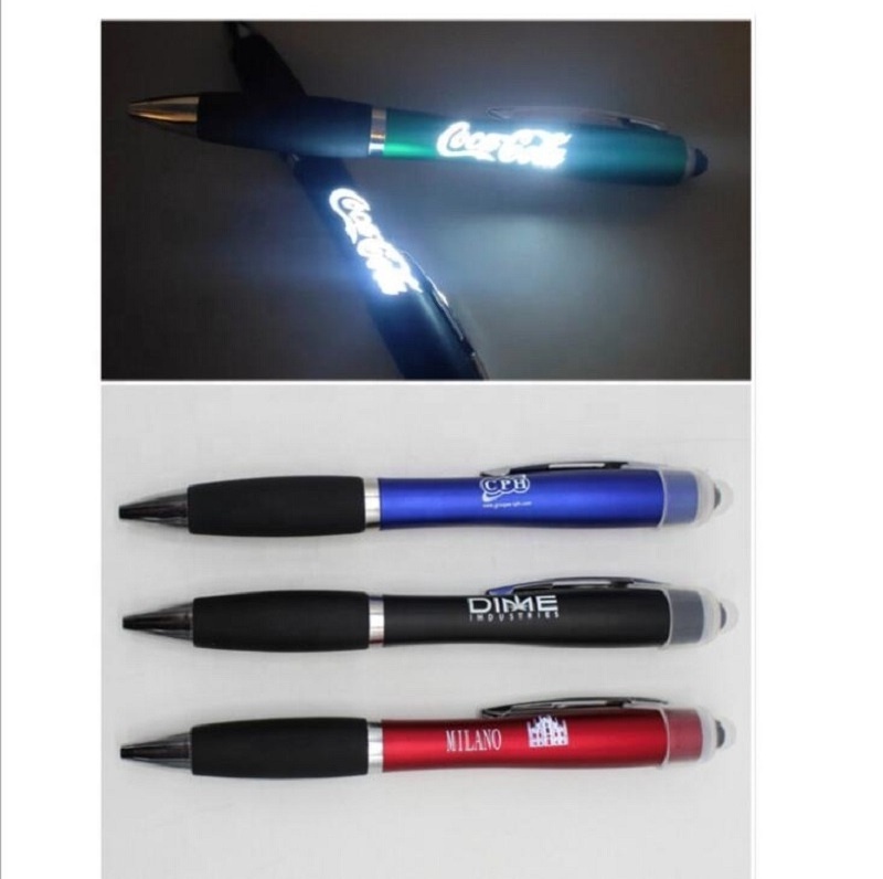 Led logo pen custom laser engraving light logo brand plastic ball pen with stylus top