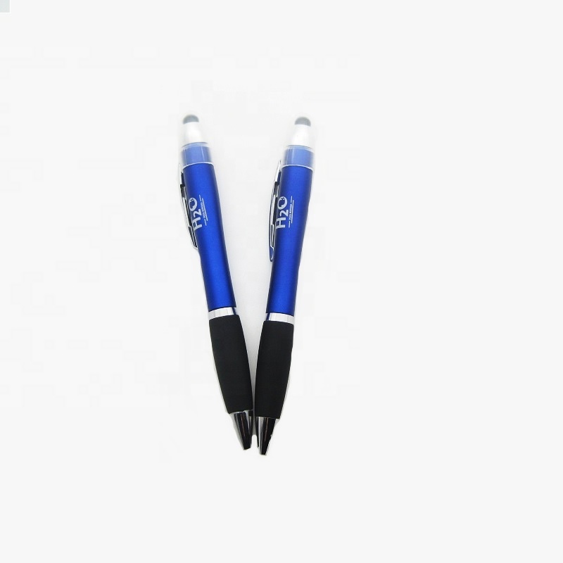 Led logo pen custom laser engraving light logo brand plastic ball pen with stylus top