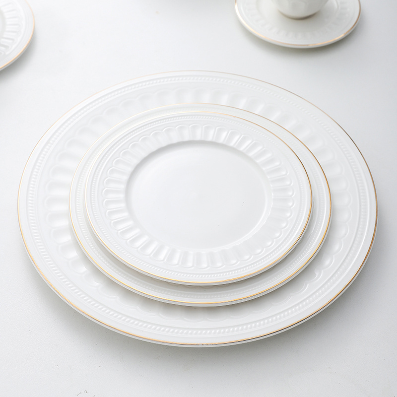 Luxury embossed flower pattern royal dinner set platters serving dish ceramic plates with gold rim