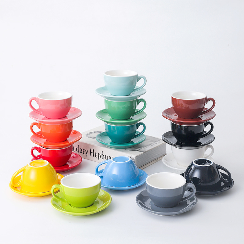 Colorful glossy glaze wholesale coffee cup and saucer set glaze color porcelain cafe cup plate ceramic coffee cup set