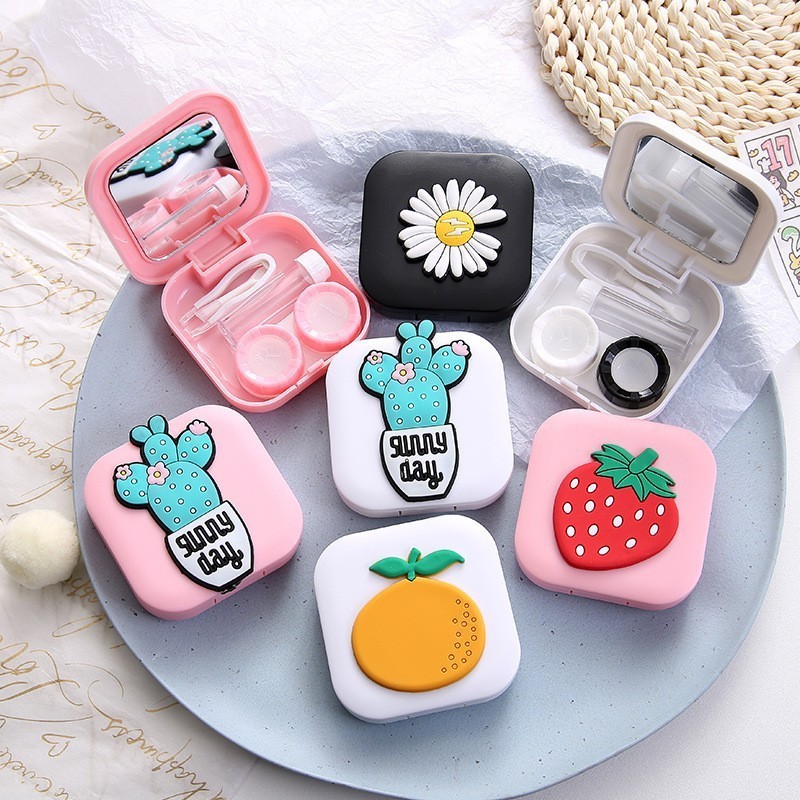 customized factory square cute cartoon high quality contact lens case with mirror plastic glasses case contact lens box