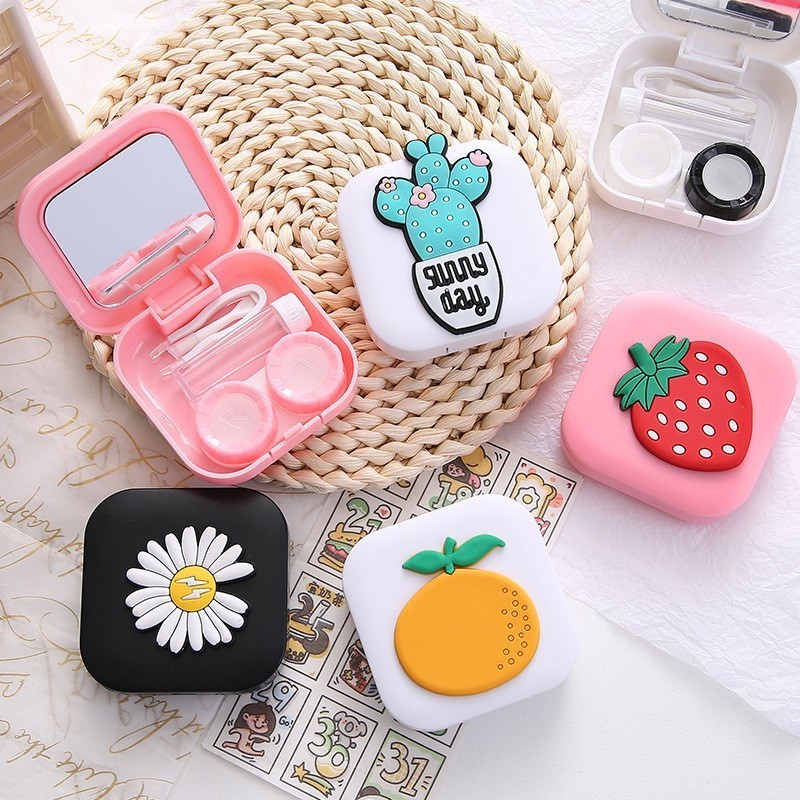 customized factory square cute cartoon high quality contact lens case with mirror plastic glasses case contact lens box