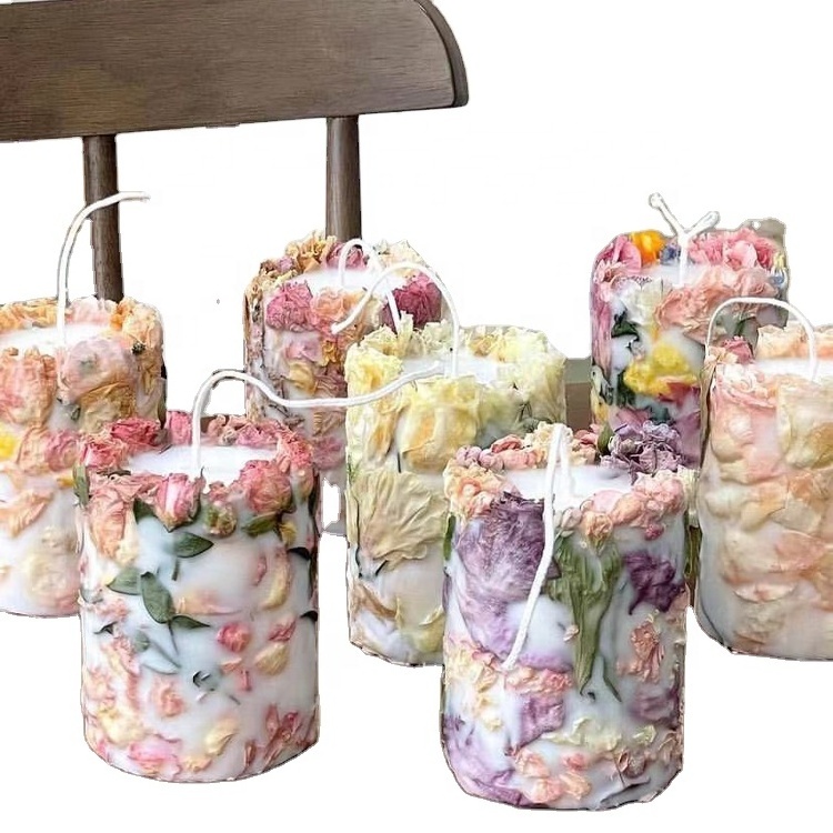 Romantic Handmade Dried flower pillar Scented candles Rose Soy Wax Wedding Gifts Home Decor