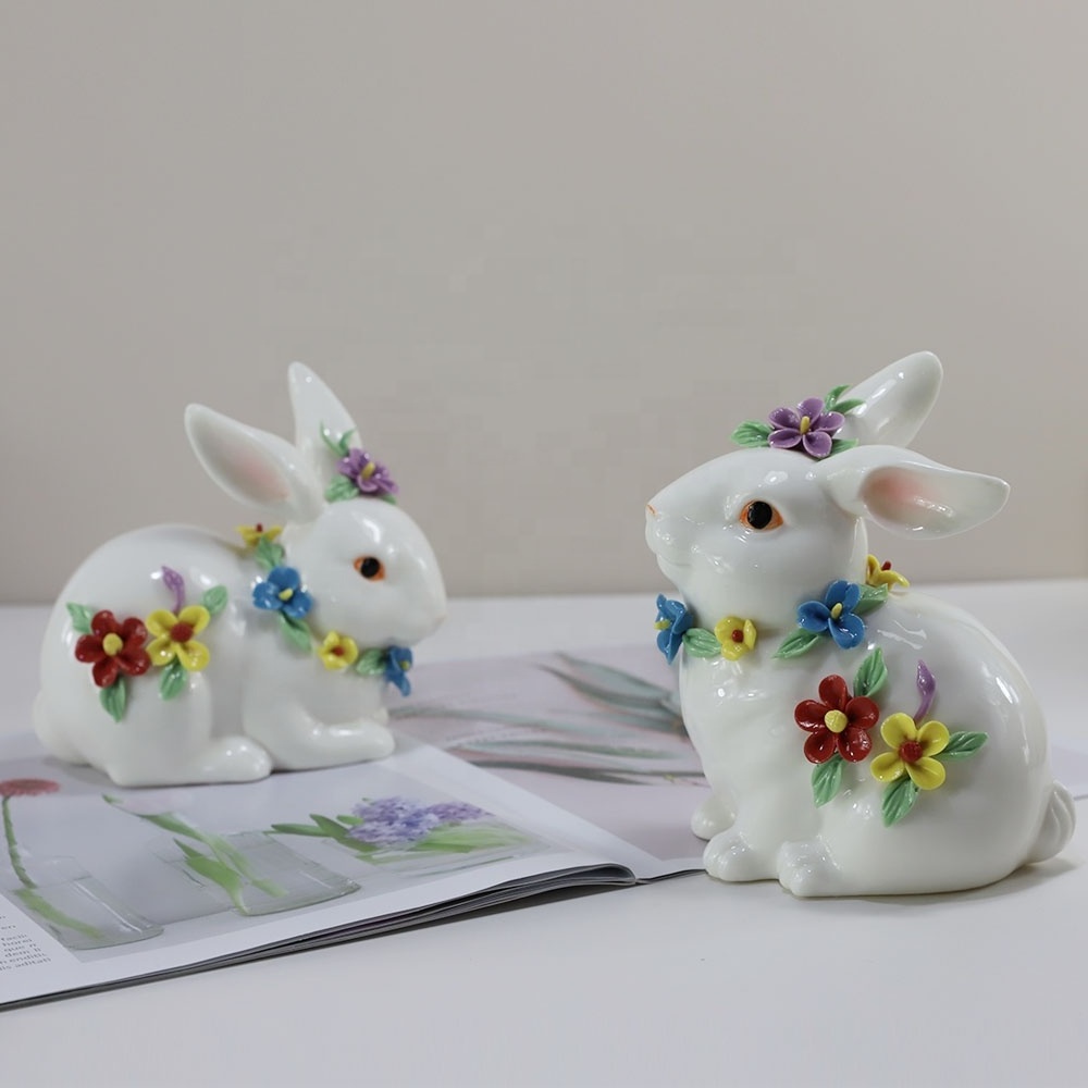 Factory Supply Easter Rabbit Ornaments Unique Modern Ceramic Easter Bunny Figurines Statue Rabbit With Gift Box