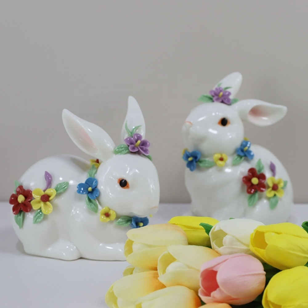 Factory Supply Easter Rabbit Ornaments Unique Modern Ceramic Easter Bunny Figurines Statue Rabbit With Gift Box