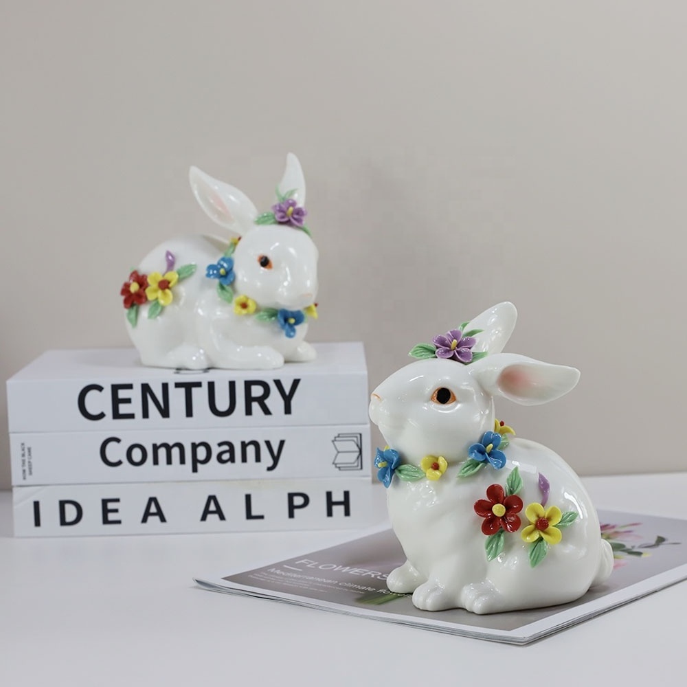 Factory Supply Easter Rabbit Ornaments Unique Modern Ceramic Easter Bunny Figurines Statue Rabbit With Gift Box