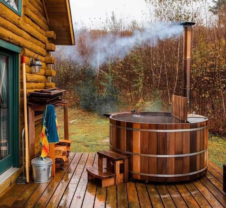 2-4 Person Wood Fired Red Cedar Wooden Outdoor Hot Tub Spa Wood Fired Barrel Sauna Steam Room Kit Set