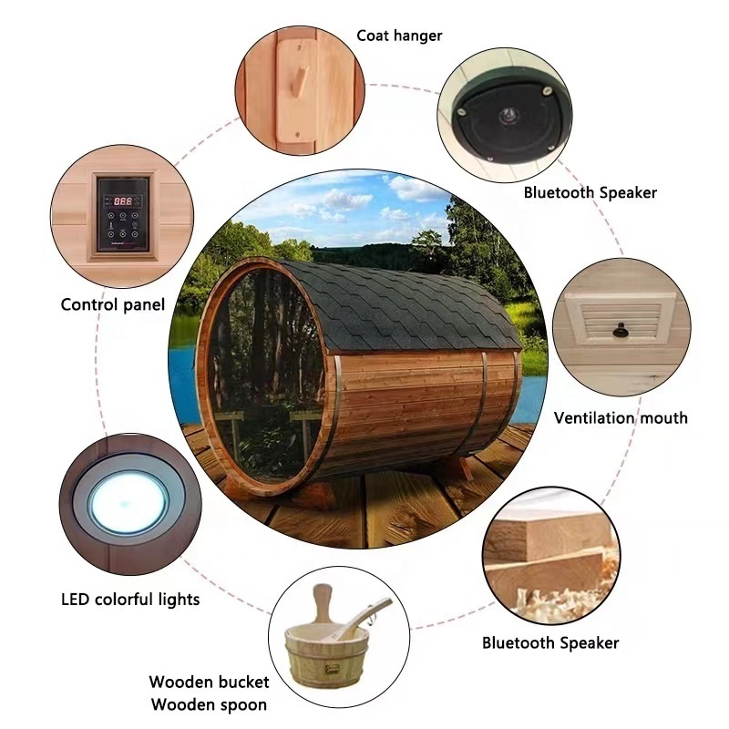 Customized Red Cedar Finland White Pine Outdoor Traditional Dry Steam Barrel Sauna Rooms for 6 Person