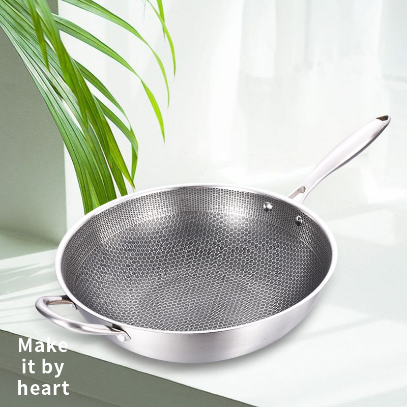 Chinese style wok stainless steel honeycomb frying pan iron pan non-stick frying pan with handle