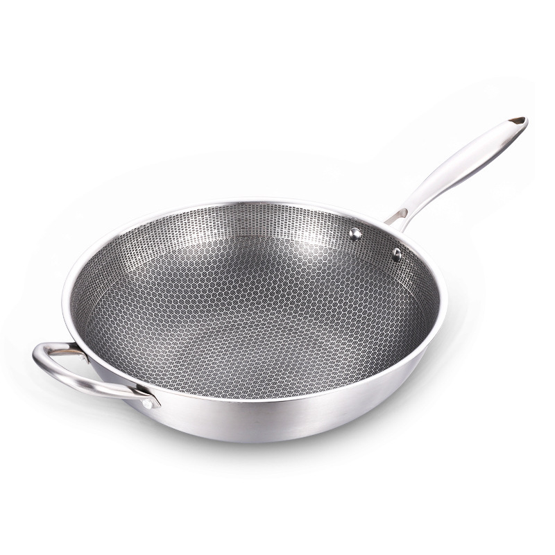 Chinese style wok stainless steel honeycomb frying pan iron pan non-stick frying pan with handle