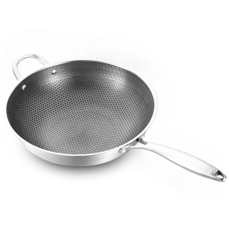 Chinese style wok stainless steel honeycomb frying pan iron pan non-stick frying pan with handle