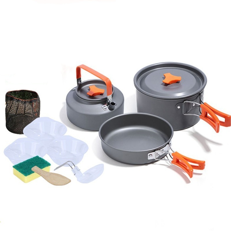 Portable Outdoor Cooking Pot Teapot & Pan Set Lightweight Aluminum Alloy for 2-3 People Camping Hiking & Picnics