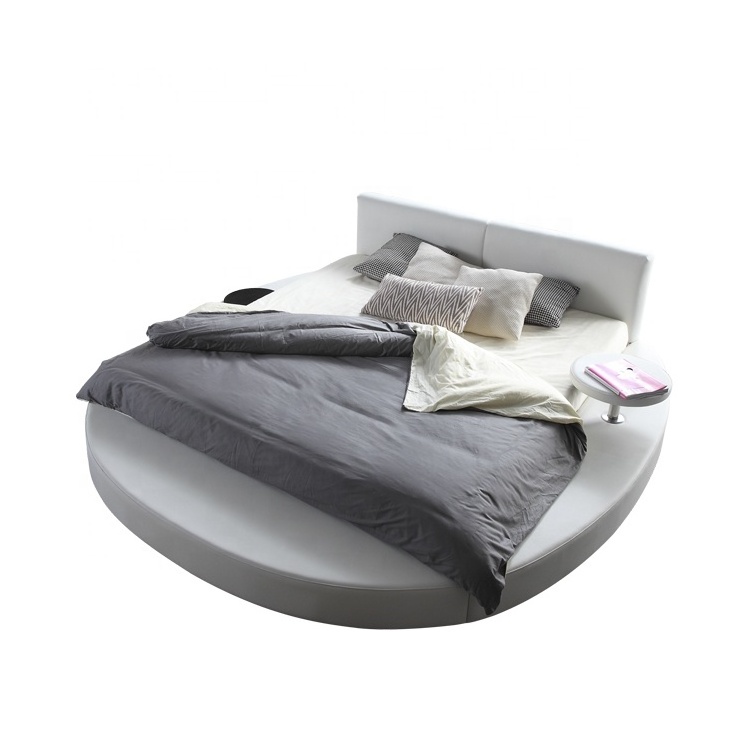 Modern Antique Design White color Genuine Leather Round Bed Bedroom Queen Bed