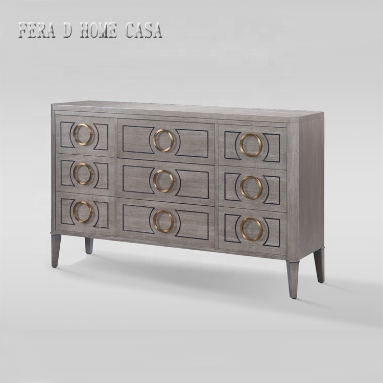 high grade grey living room cabinet, nine drawers gold sideboard with ASH wooden legs hotel cabinet