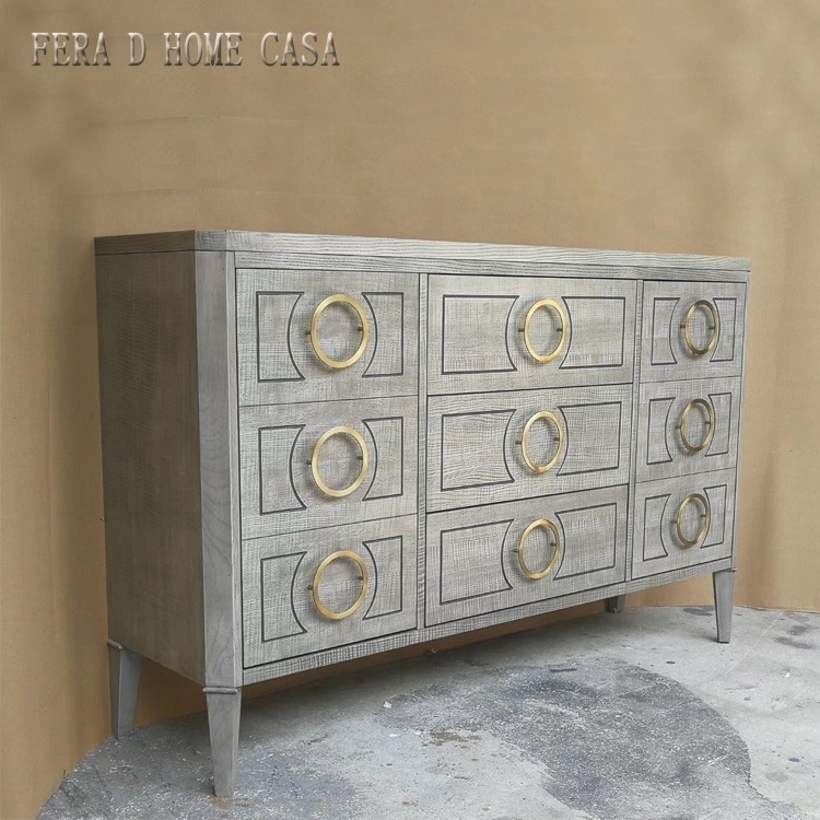 high grade grey living room cabinet, nine drawers gold sideboard with ASH wooden legs hotel cabinet