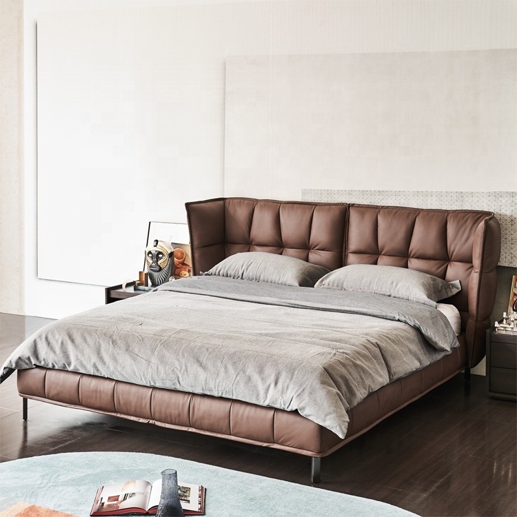 Modern genuine top cow leather high back bed design italian queen leather muscle beds