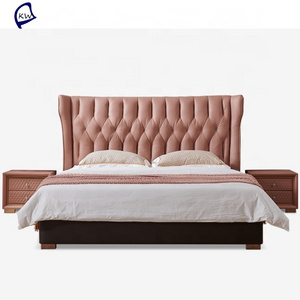 Pink colour real leather bed luxury design double leather beds