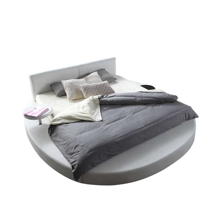 Modern Antique Design White color Genuine Leather Round Bed Bedroom Queen Bed