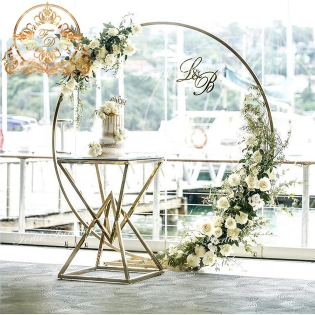 round shape stainless steel wedding golden circle flower wall backdrop