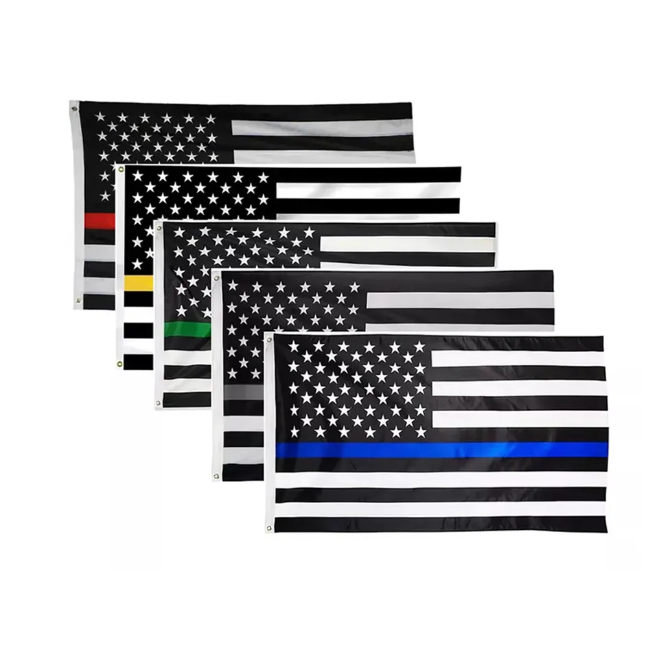 Promotional Product 3X5FT Durable fabric Stripes Black White And Blue red green yellow thin line USA  American Police Flag