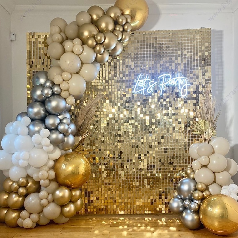 Clear Grid Panel Gold Color Click Together Interlocking 3D Shimmer Sequin Wall Panel for Wedding Birthday Party Decoration