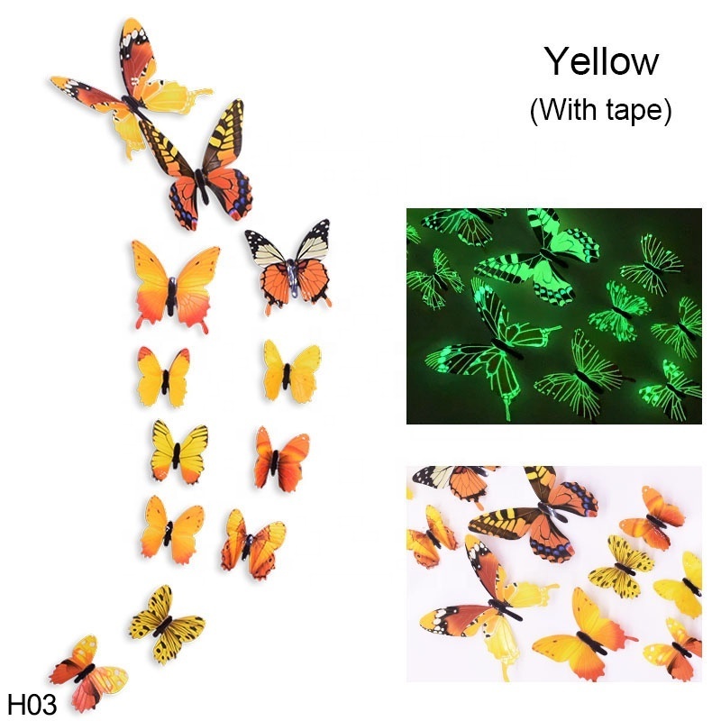 Wholesale Popular 12 Pc 3d 2 Layer Simulation Home Wall Decoration Adhesive Double Wing Glow In Dark Luminous Butterfly Sticker